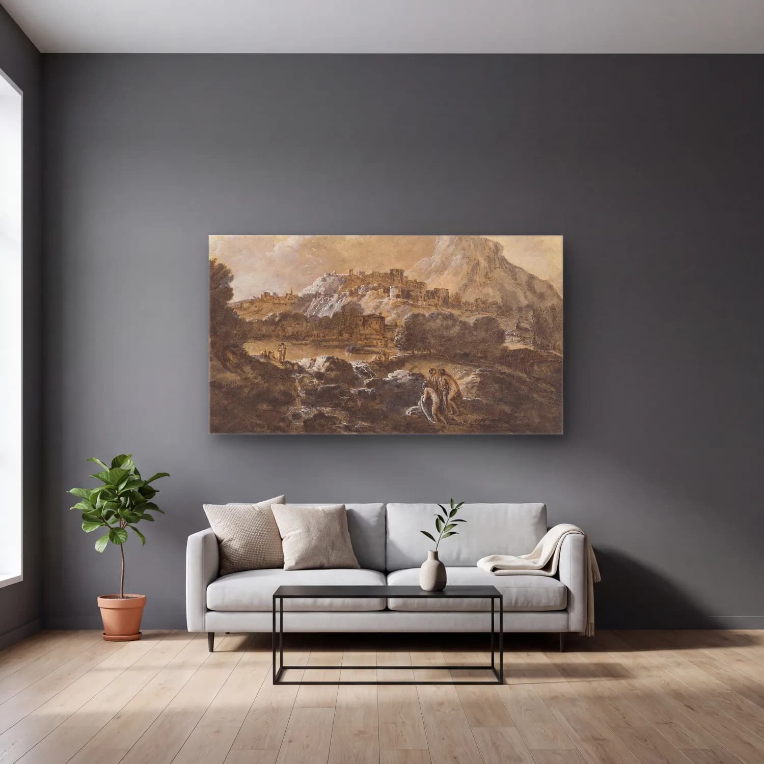 Francesco Zuccarelli – Mountainous River Landscape with Bathers cam tablo — gri duvarlı salonda