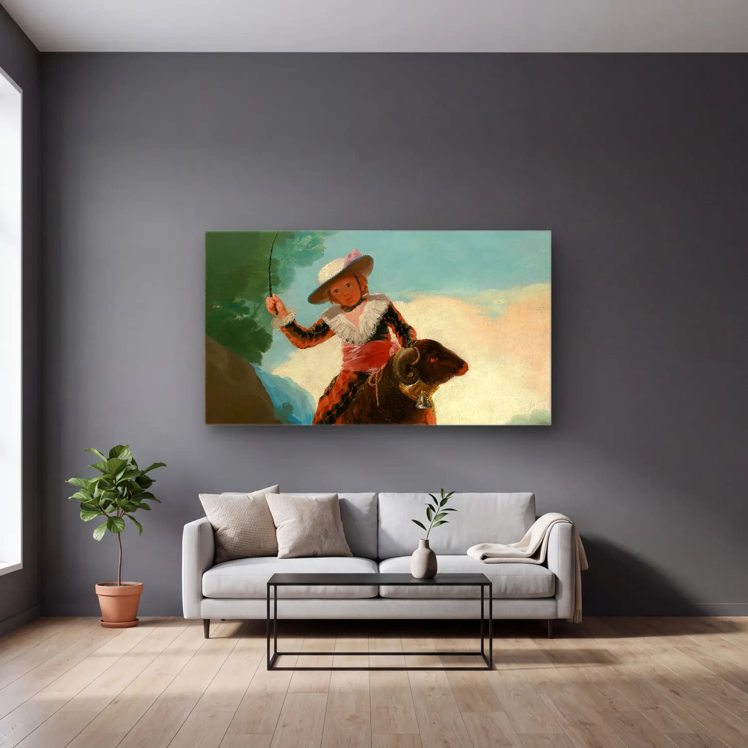 Francisco de Goya – Boy on a Ram cam tablo — gri duvarlı salonda