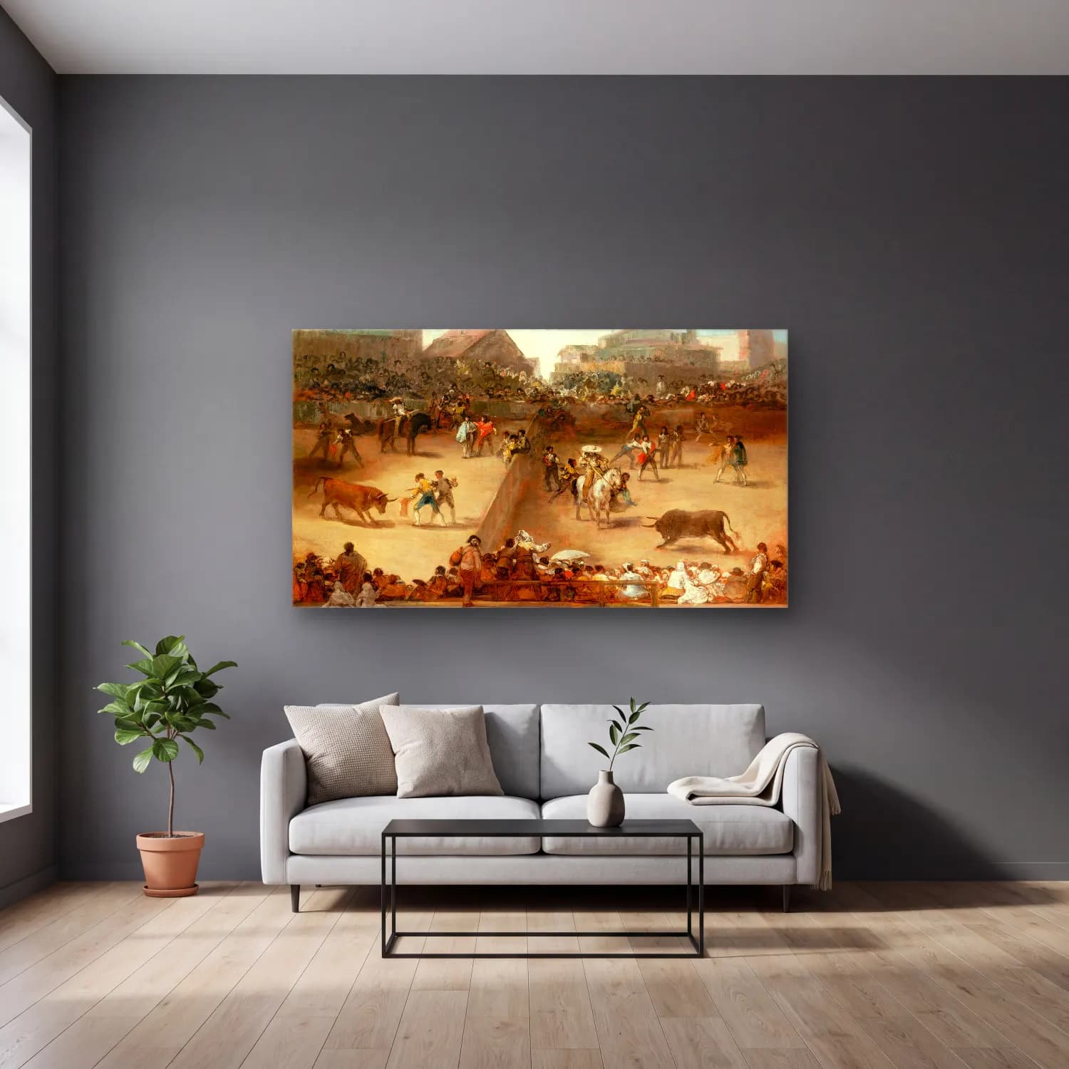 Francisco de Goya – Bullfight in a Divided Ring cam tablo — gri duvarlı salonda