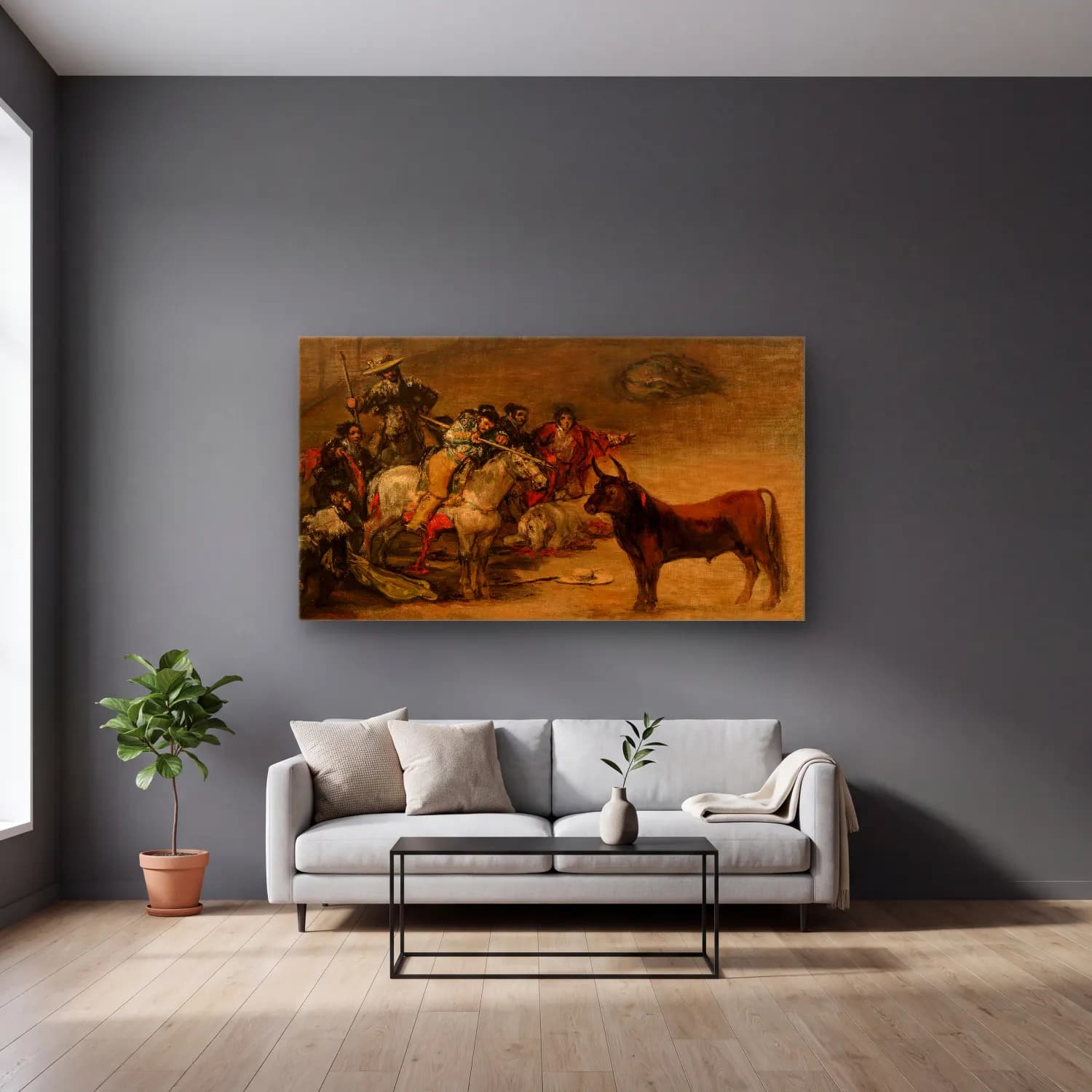 Francisco de Goya – Bullfight, Suerte de Varas cam tablo — gri duvarlı salonda