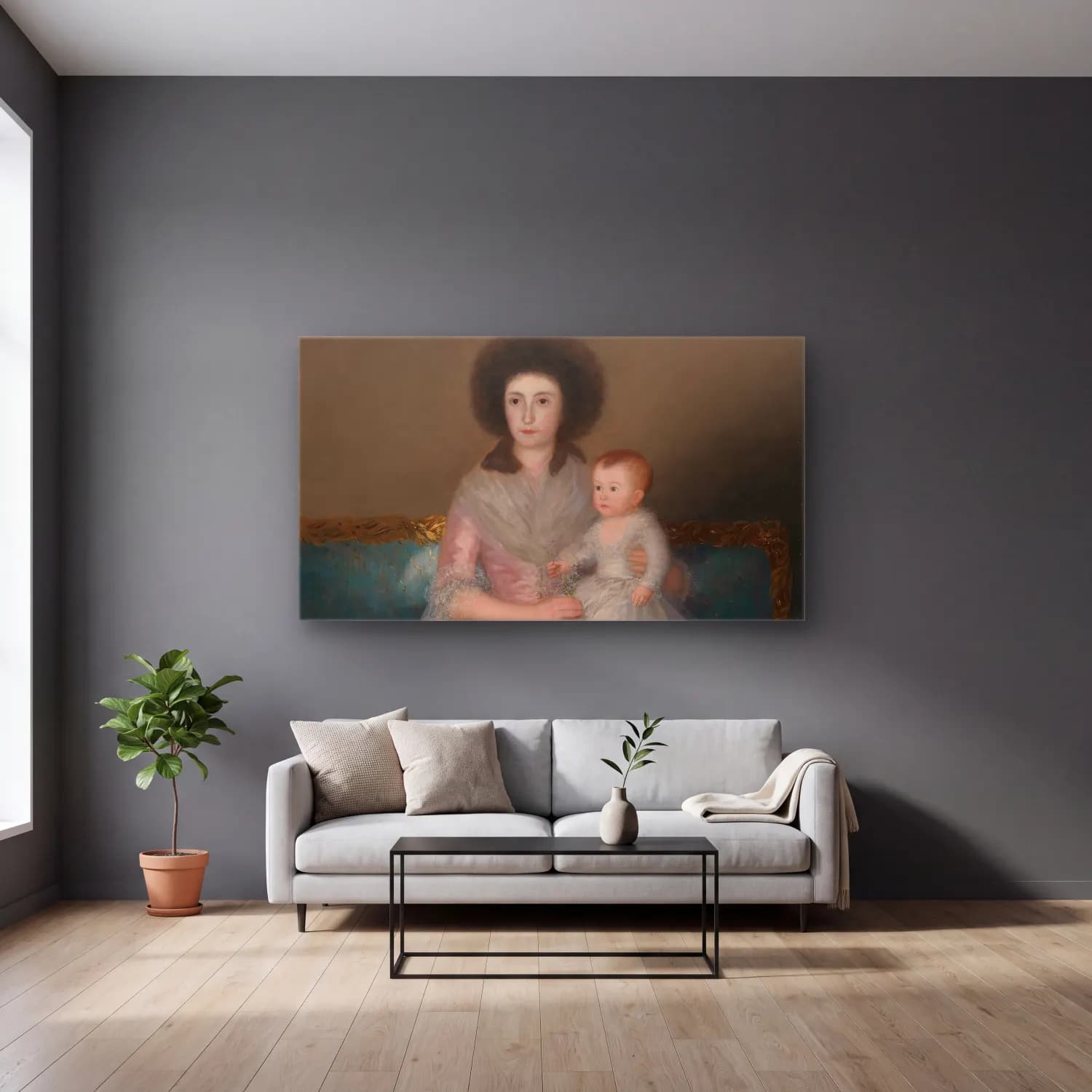 Francisco de Goya – Condesa de Altamira and Her Daughter, María Agustina cam tablo — gri duvarlı salonda