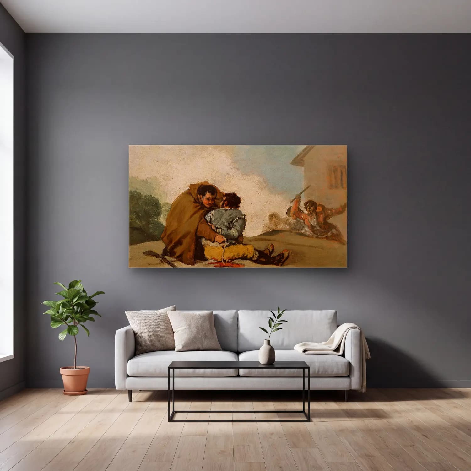 Francisco de Goya – Friar Pedro Binds El Maragato with a Rope cam tablo — gri duvarlı salonda
