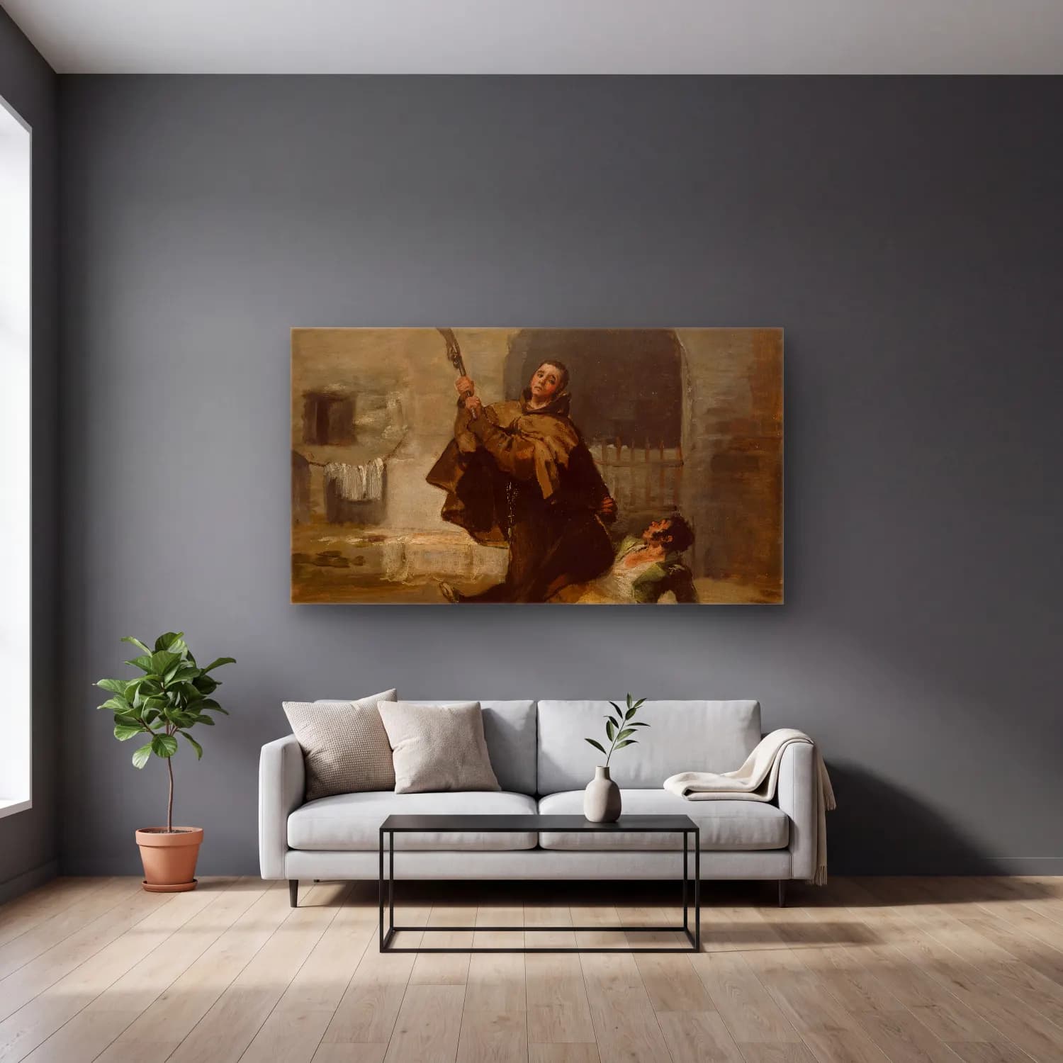 Francisco de Goya – Friar Pedro Clubs El Maragato with the Butt of the Gun cam tablo — gri duvarlı salonda