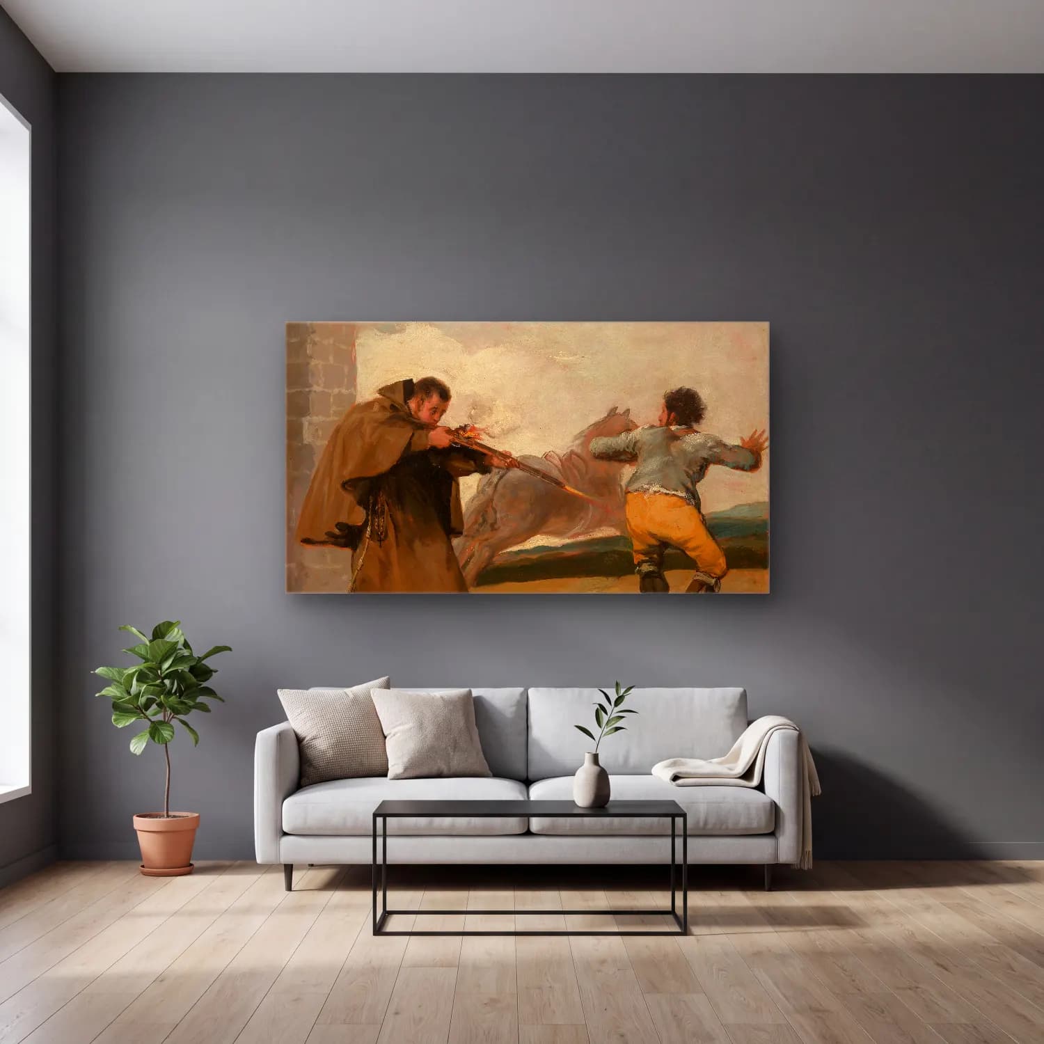 Francisco de Goya – Friar Pedro Shoots El Maragato as His Horse Runs Off cam tablo — gri duvarlı salonda
