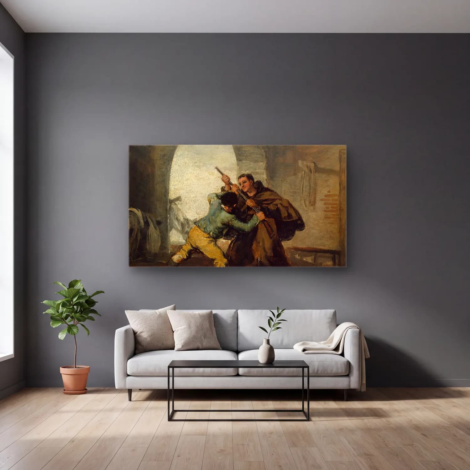 Francisco de Goya – Friar Pedro Wrests the Gun from El Maragato cam tablo — gri duvarlı salonda
