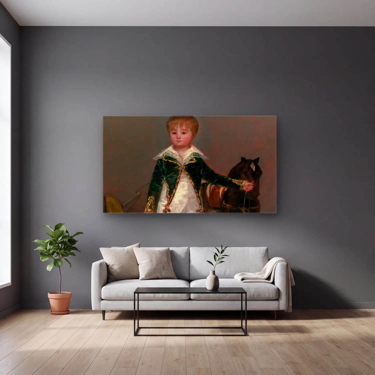 Francisco de Goya – José Costa y Bonells (died l870), Called Pepito (ca. 1810) cam tablo — gri duvarlı salonda
