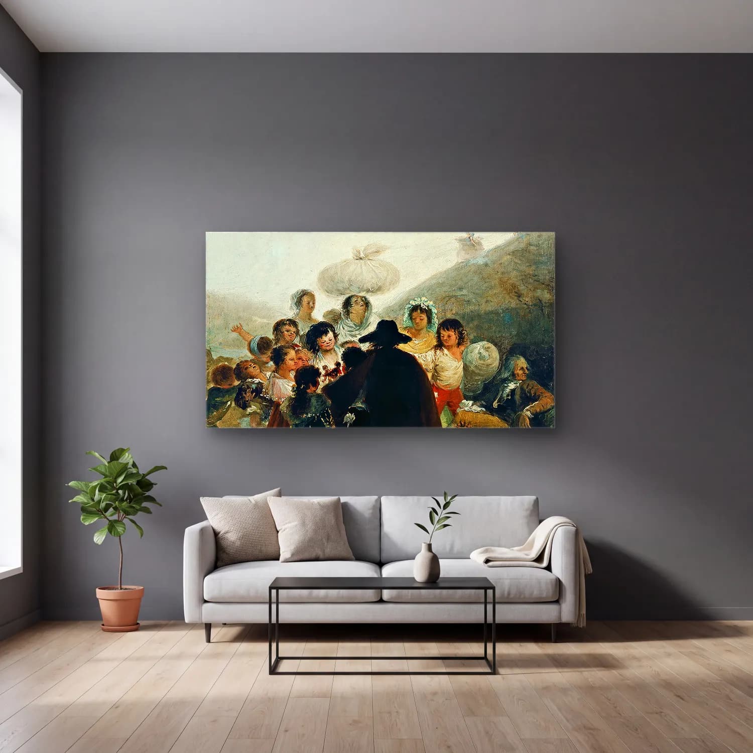 Francisco de Goya – Le Marchand De Marionnettes cam tablo — gri duvarlı salonda