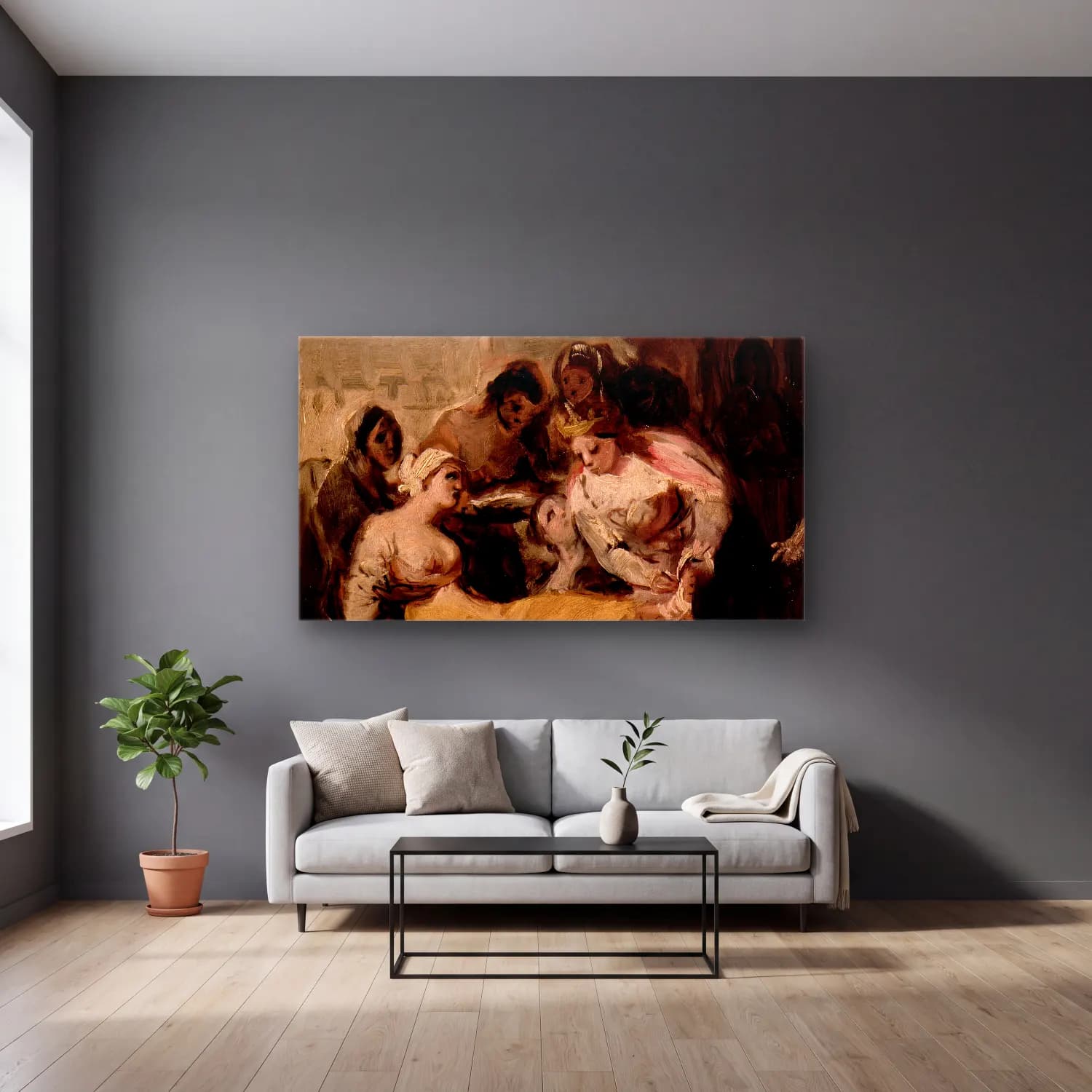 Francisco de Goya – Saint Isabel of Portugal Healing the Wounds of a Sick Woman cam tablo — gri duvarlı salonda