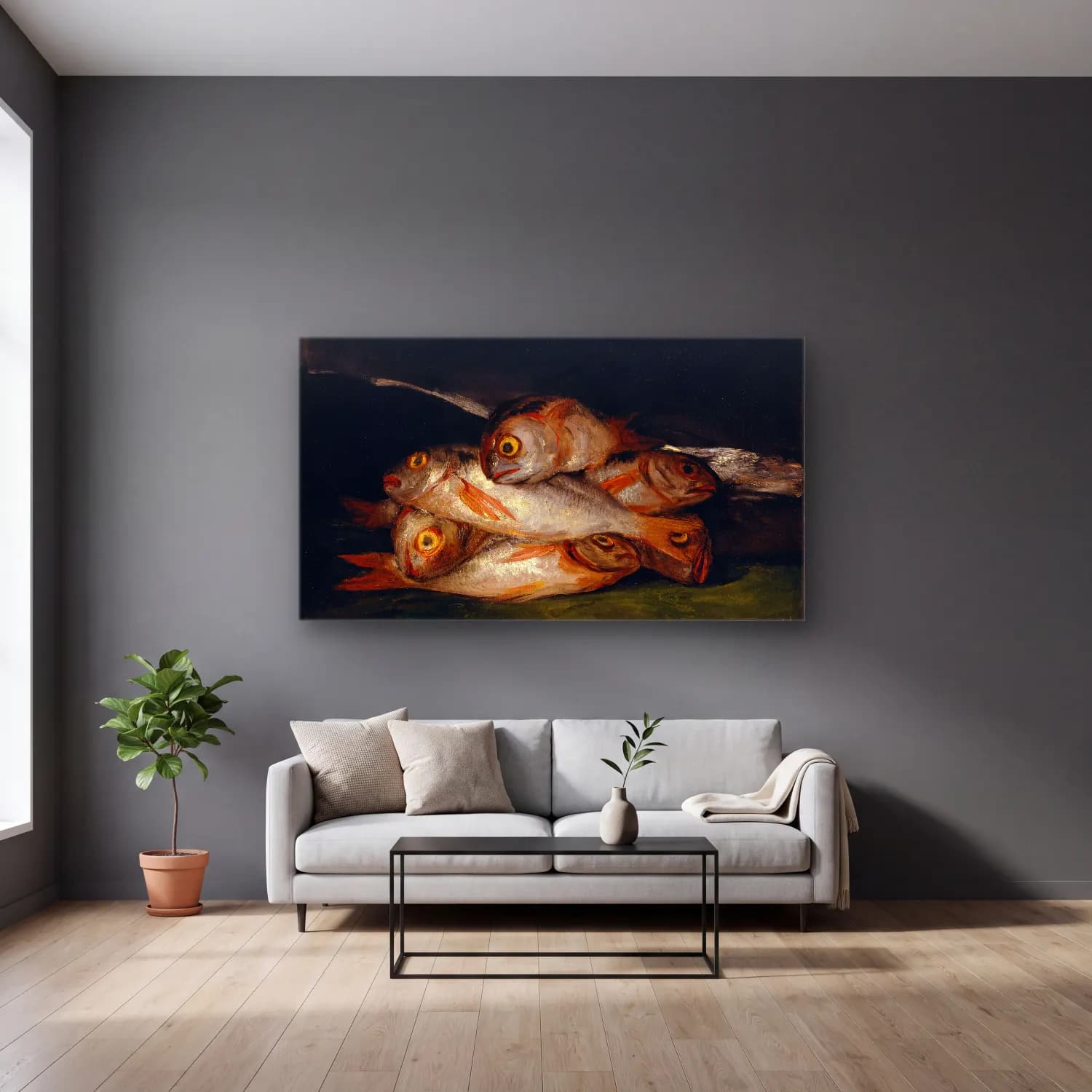 Francisco de Goya – Still Life With Golden Bream cam tablo — gri duvarlı salonda