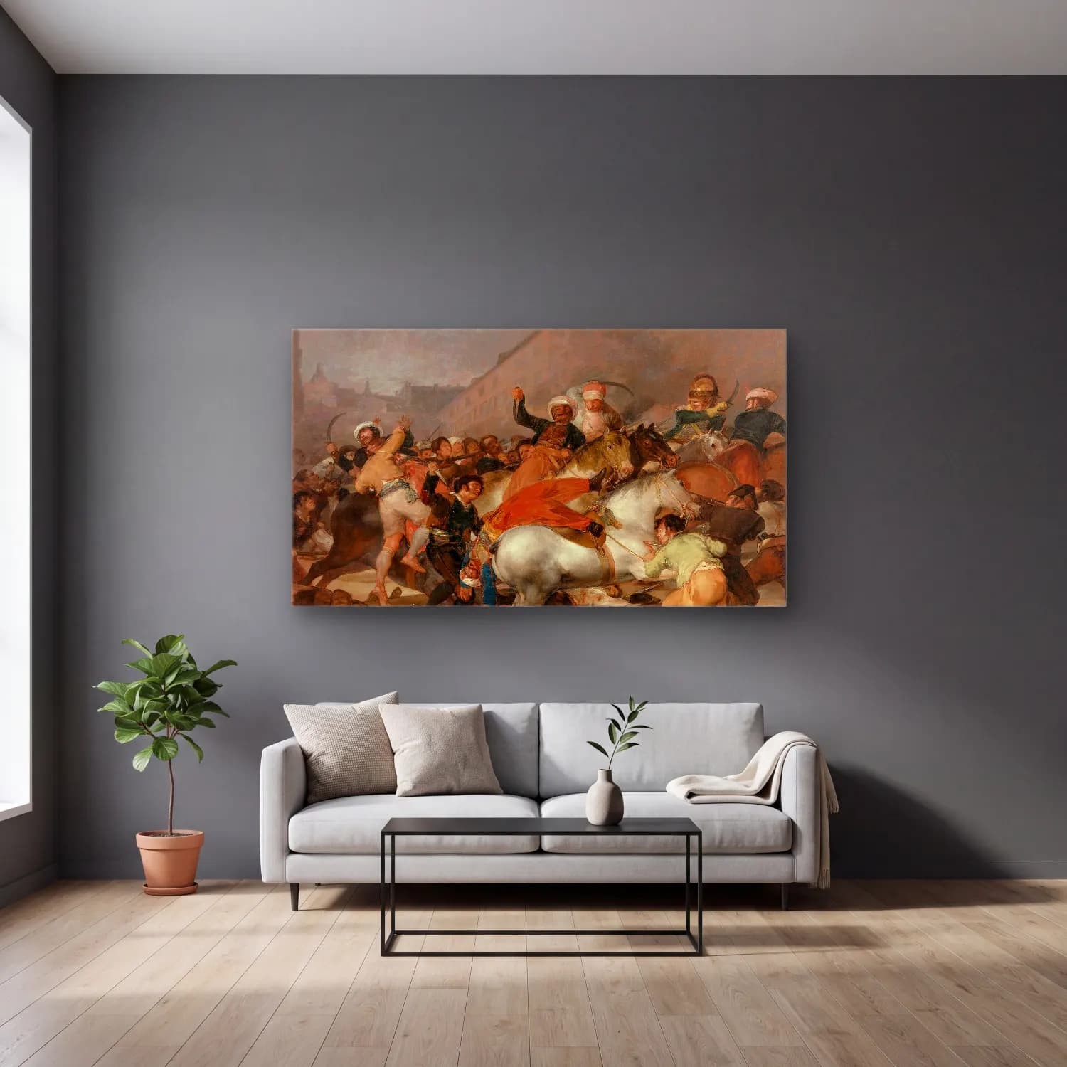 Francisco de Goya – The Charge of the Mamelukes cam tablo — gri duvarlı salonda