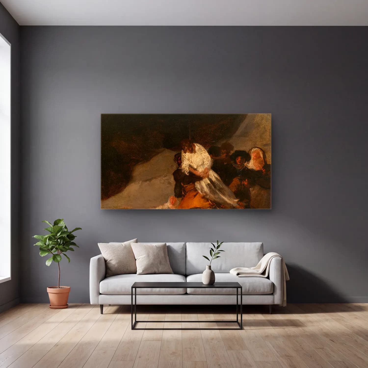Francisco de Goya – The Hanged Monk cam tablo — gri duvarlı salonda