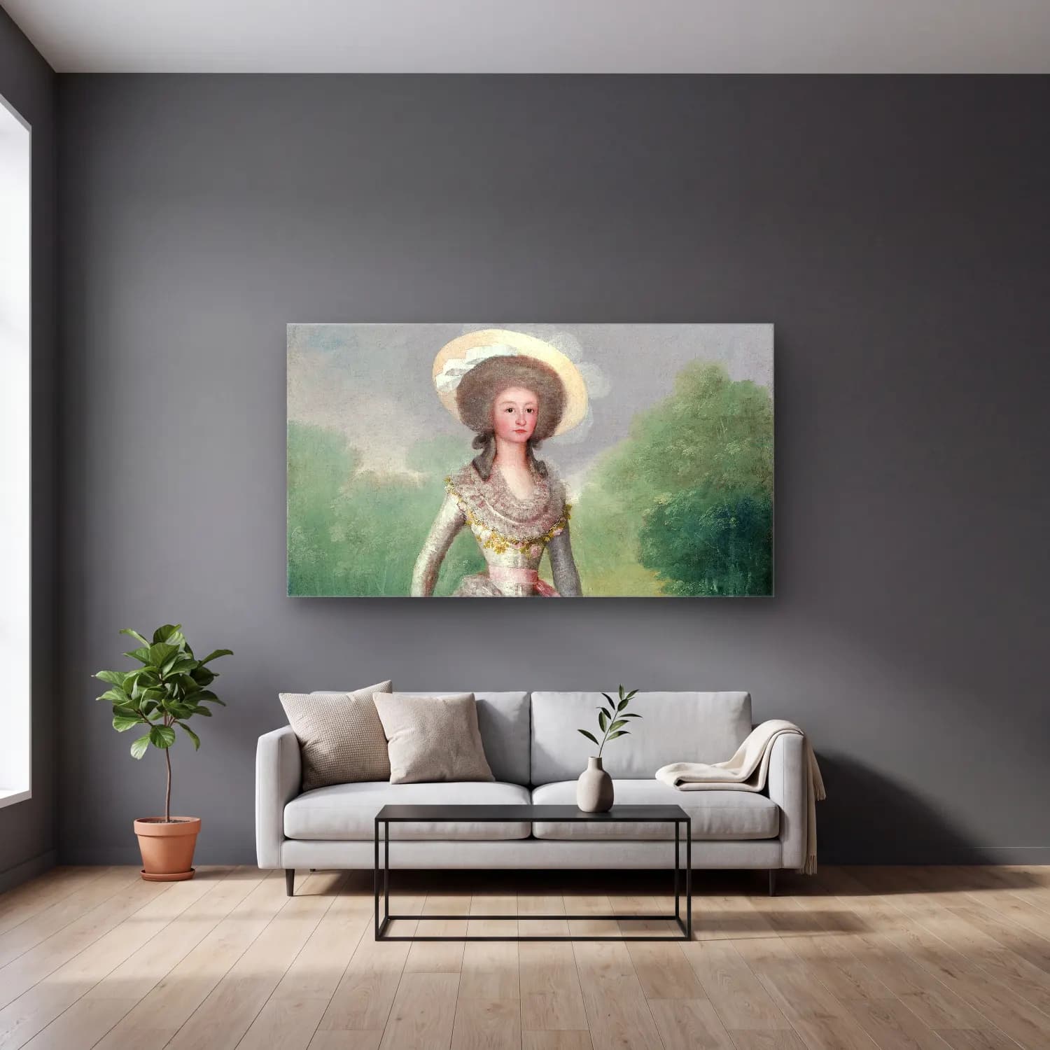 Francisco de Goya – The Marquesa de Pontejos cam tablo — gri duvarlı salonda