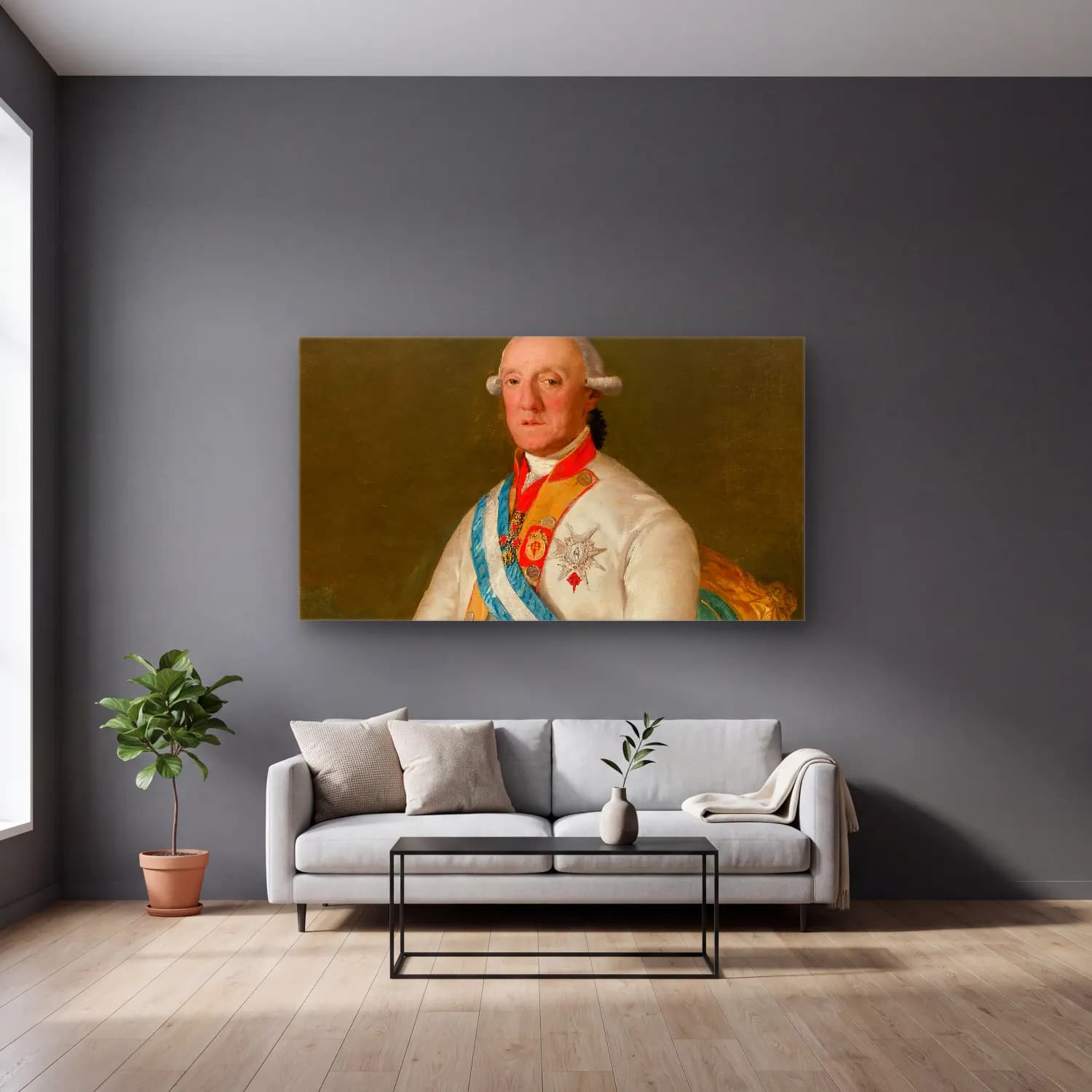 Francisco de Goya – Vicente Maria De Vera De Aragon, Duque De La Roca (ca. 1795) cam tablo — gri duvarlı salonda