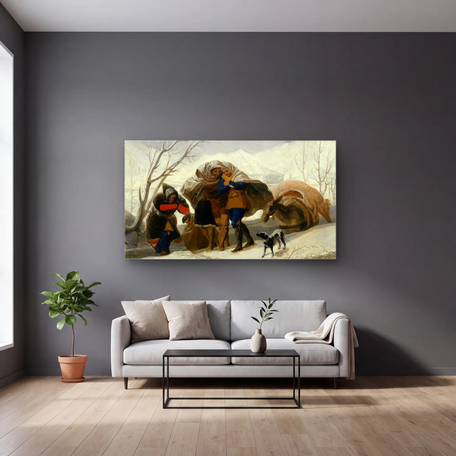 Francisco de Goya – Winter Scene cam tablo — gri duvarlı salonda