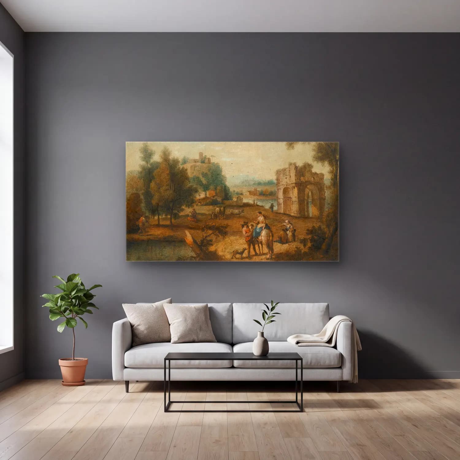 Giuseppe Zais – A Landscape With A Roman Ruin And Figures Resting Beside A… cam tablo — gri duvarlı salonda