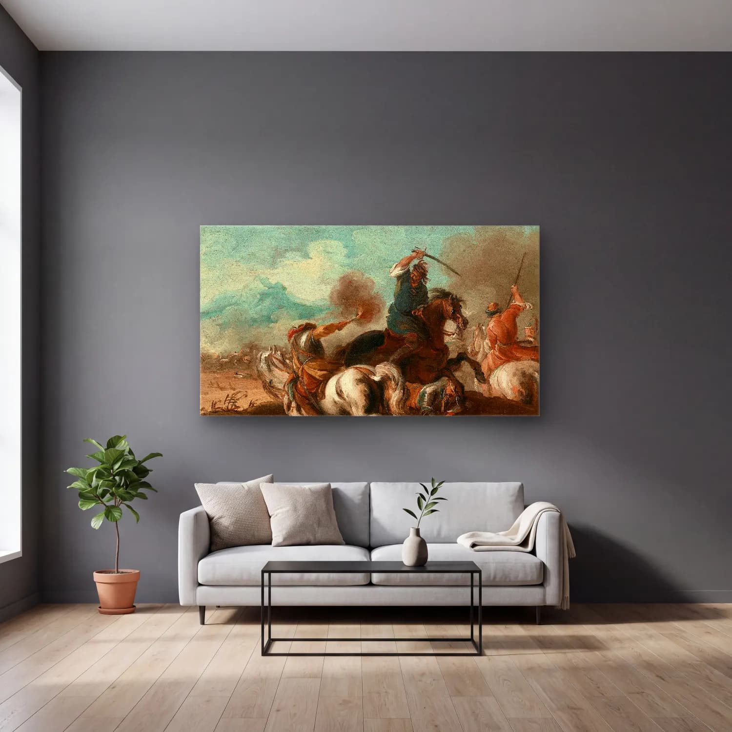 Giuseppe Zais – Battle Scene cam tablo — gri duvarlı salonda