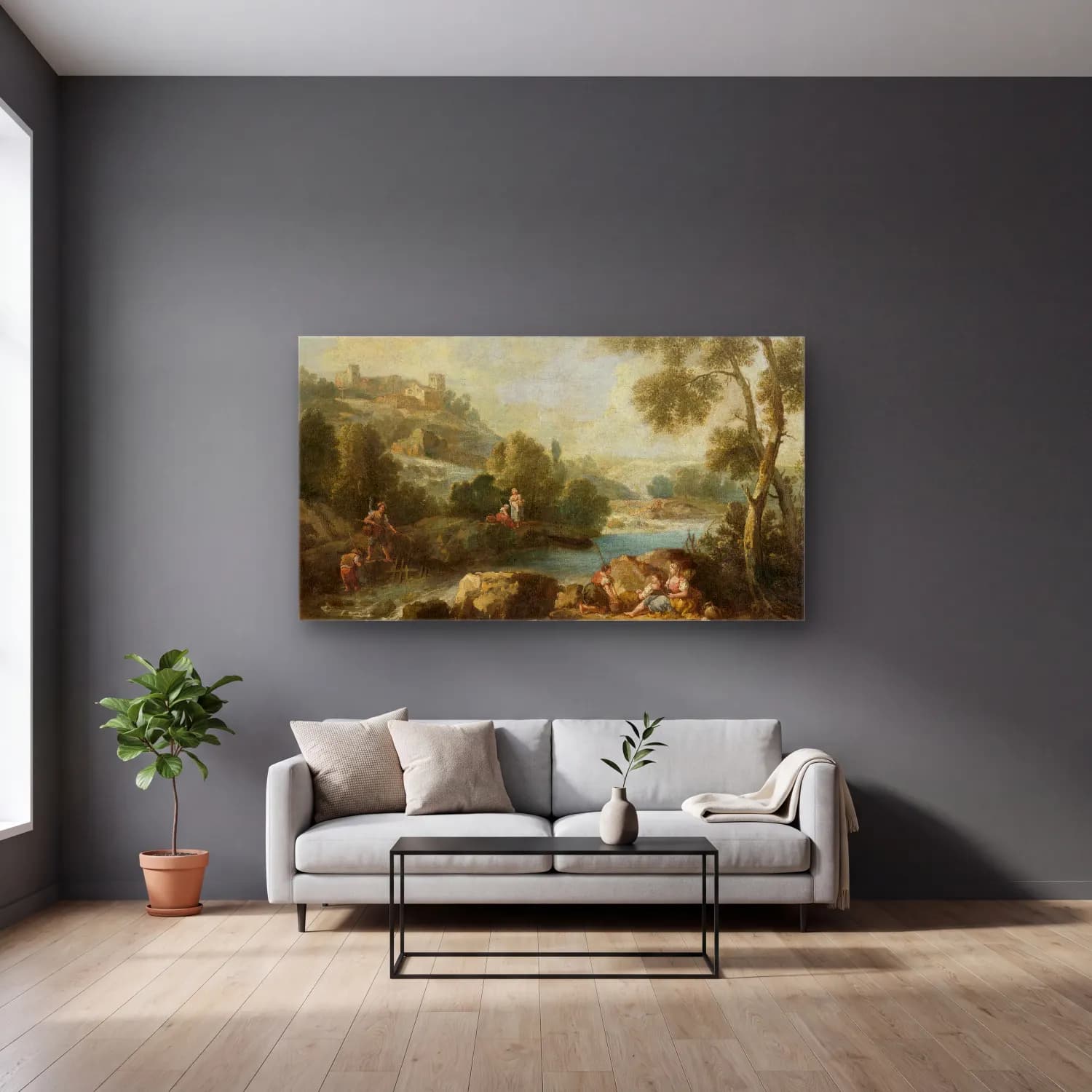 Giuseppe Zais – Landscape with Figures cam tablo — gri duvarlı salonda