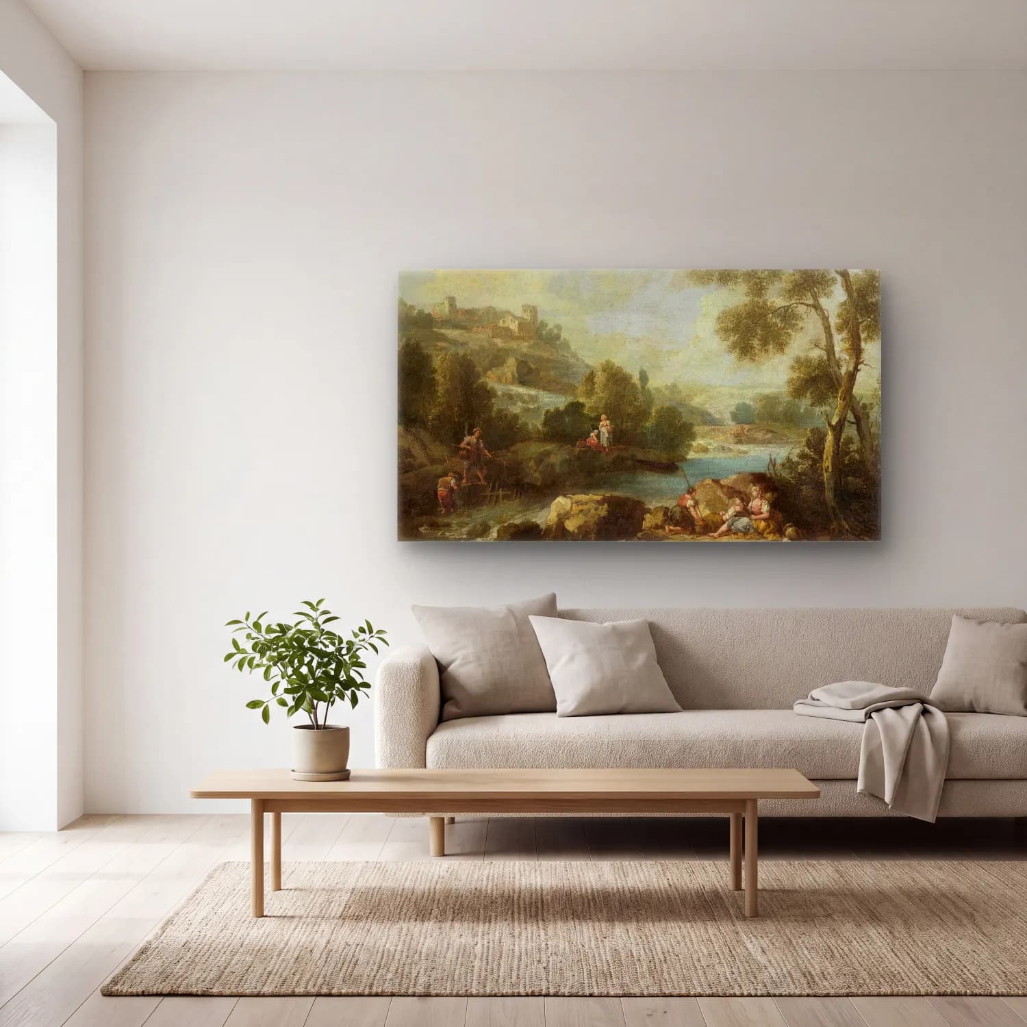 Giuseppe Zais – Landscape with Figures cam tablo — açık renk salonda