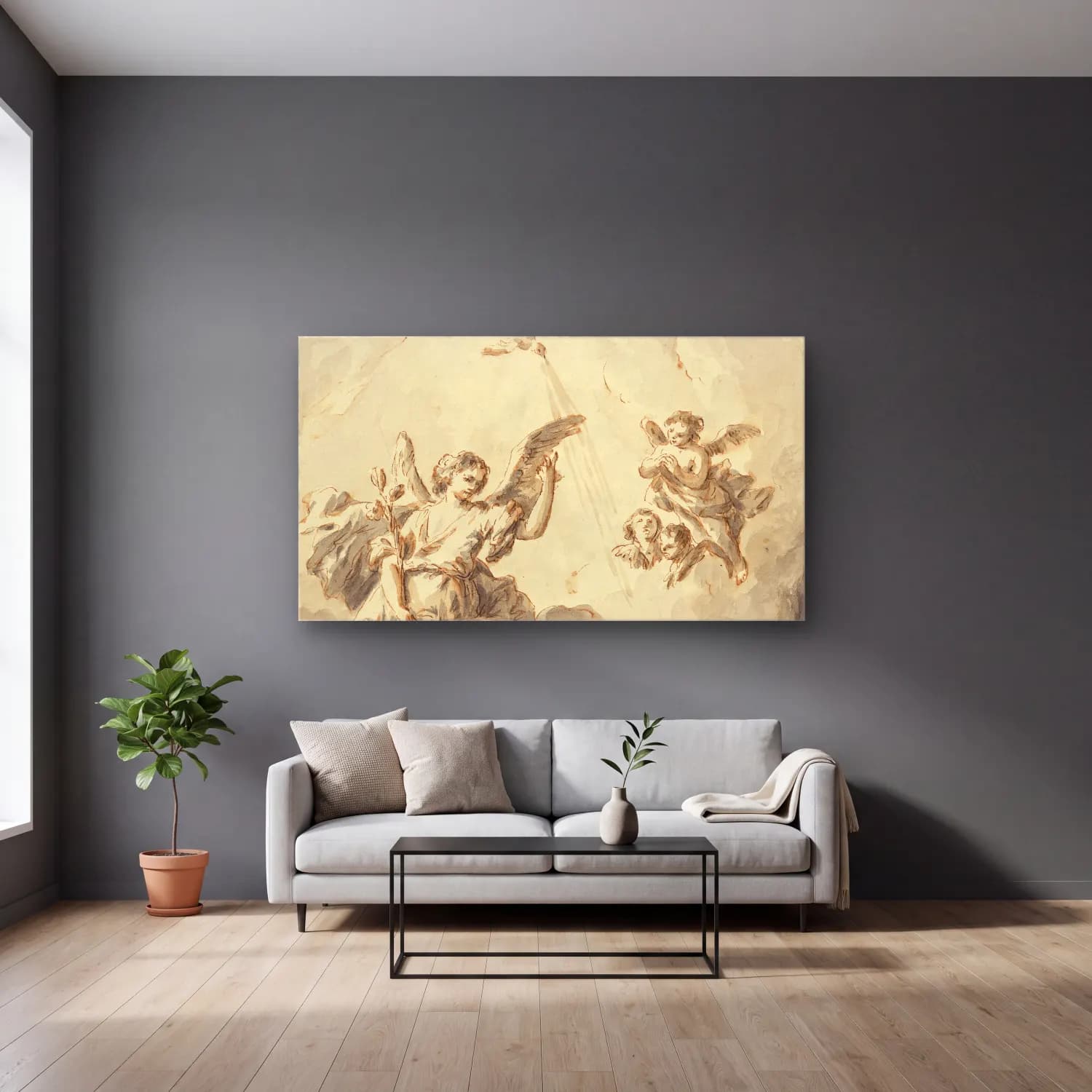 Giuseppe Zais – The Annunciation (mid-18th century) cam tablo — gri duvarlı salonda