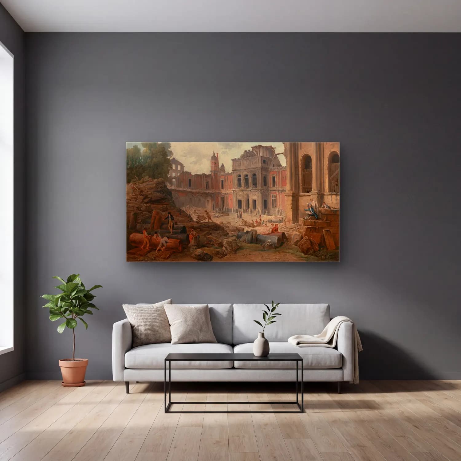 Hubert Robert – Demolition of the Château of Meudon cam tablo — gri duvarlı salonda