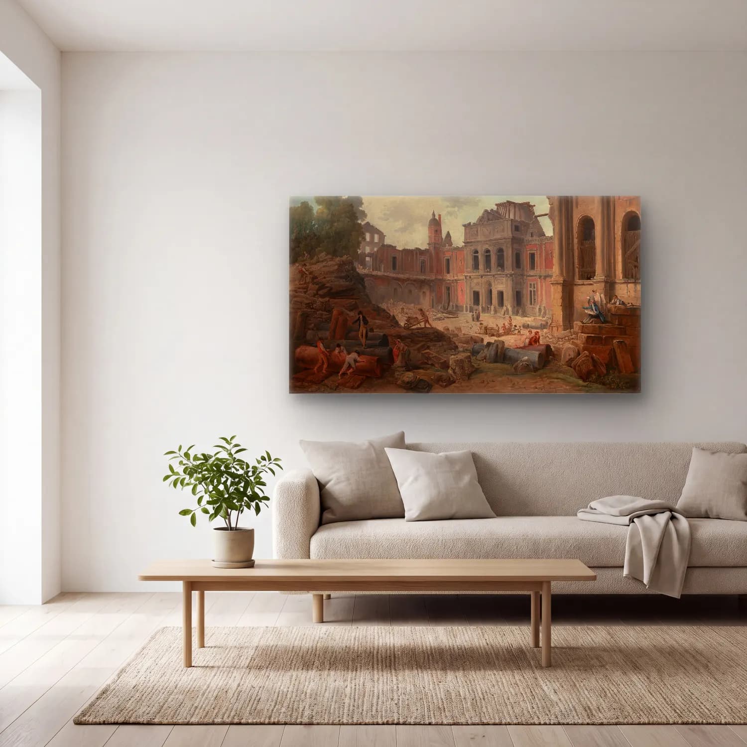 Hubert Robert – Demolition of the Château of Meudon cam tablo — açık renk salonda