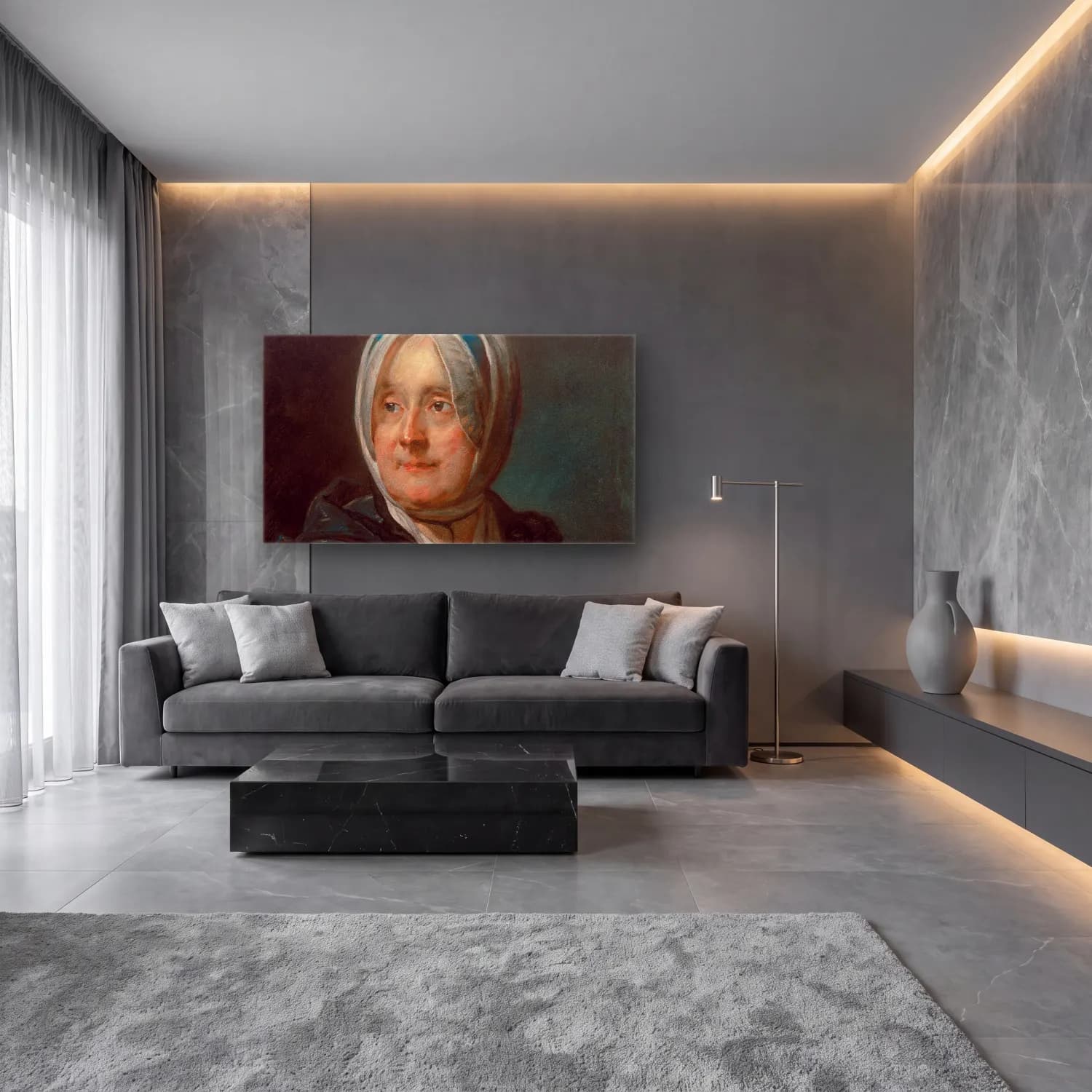 Yağlı Boya Kadın Portresi – Pastel Tonlar cam tablo — lüks salon duvarında