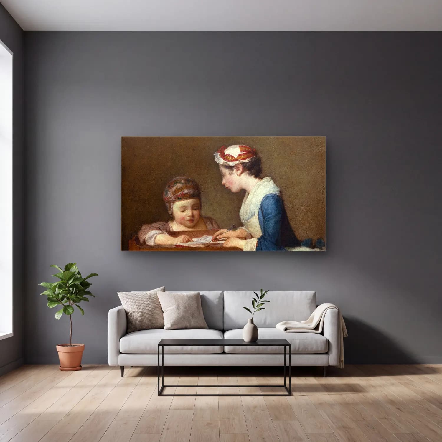 Yağlı Boya Anne ve Çocuk – Pastel Tonlar cam tablo — gri duvarlı salonda