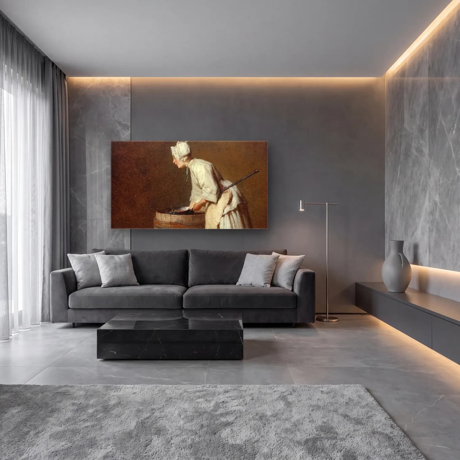 Yağlı Boya Kadın Portresi – Bej Tonlar cam tablo — lüks salon duvarında