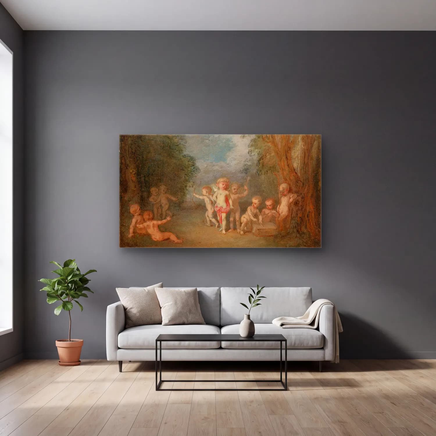 Jean-Antoine Watteau – Cupid’s Realm (Le Royaume De L’amour) cam tablo — gri duvarlı salonda