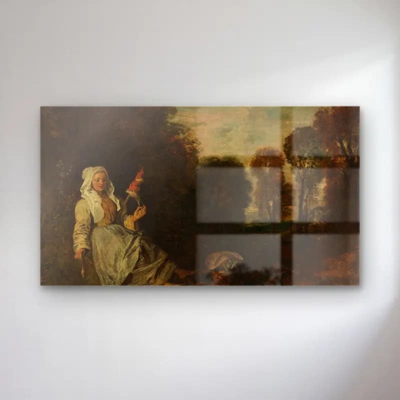 Jean-Antoine Watteau – Evening Landscape with Spinner cam tablo — Jean-Antoine Watteau – Evening Landscape with Spinner — yağlı boya mitolojik sahne