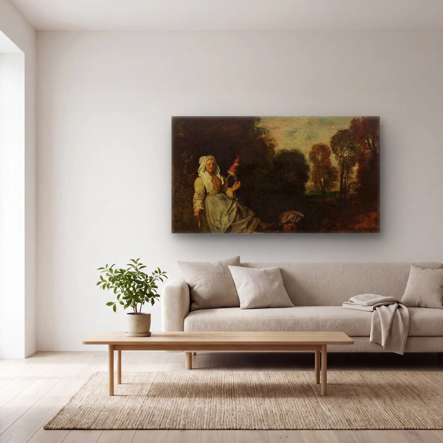 Jean-Antoine Watteau – Evening Landscape with Spinner cam tablo — açık renk salonda