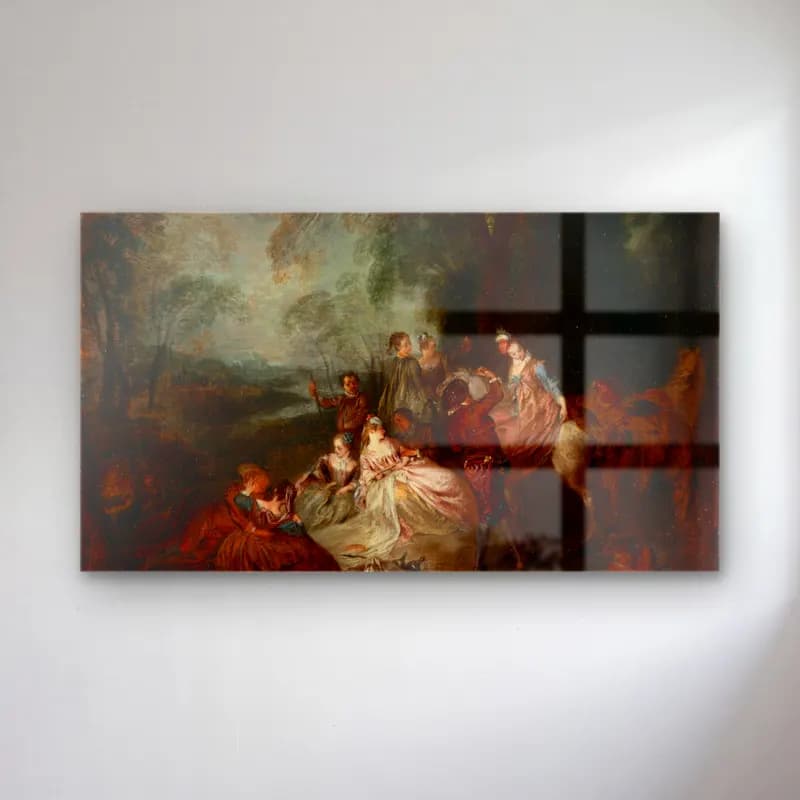 Jean-Antoine Watteau – Fete Champetre cam tablo — Jean-Antoine Watteau – Fete Champetre — empresyonist mitolojik sahne