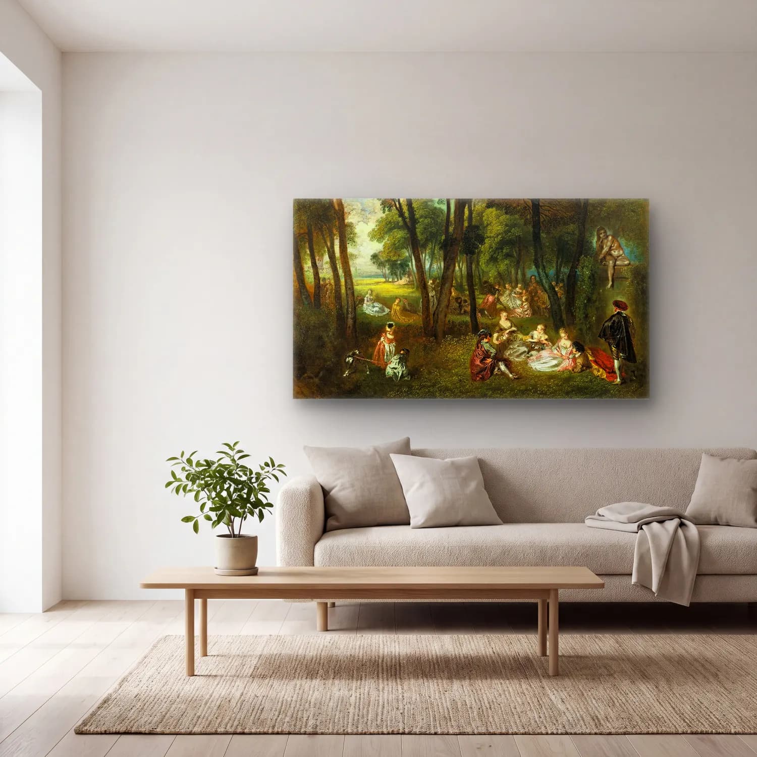 Jean-Antoine Watteau – Fête galante in a Wooded Landscape cam tablo — açık renk salonda