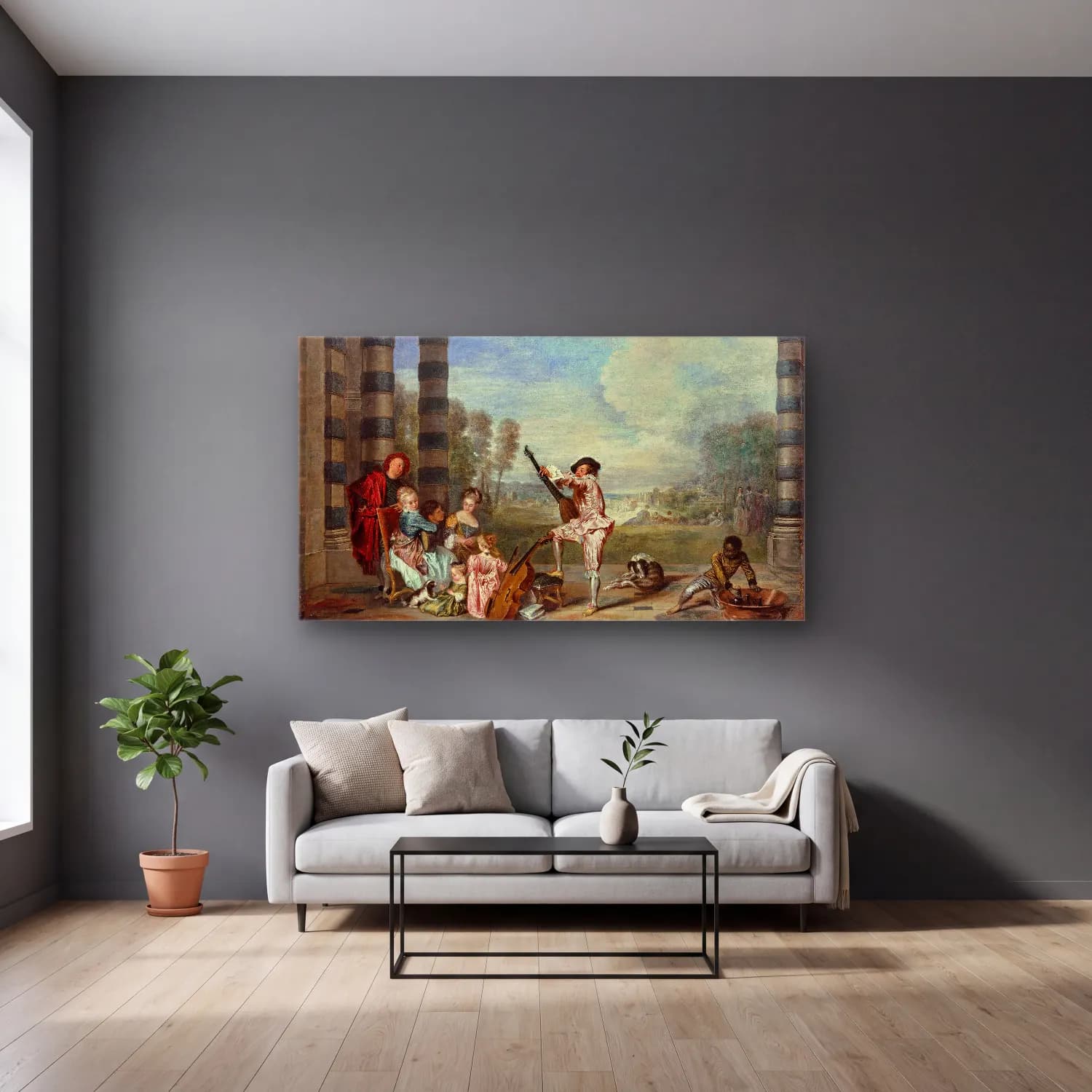 Jean-Antoine Watteau – Les Charmes de la vie (The Attractions of Life) cam tablo — gri duvarlı salonda