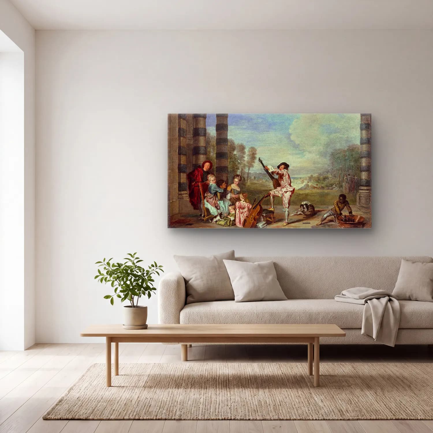 Jean-Antoine Watteau – Les Charmes de la vie (The Attractions of Life) cam tablo — açık renk salonda