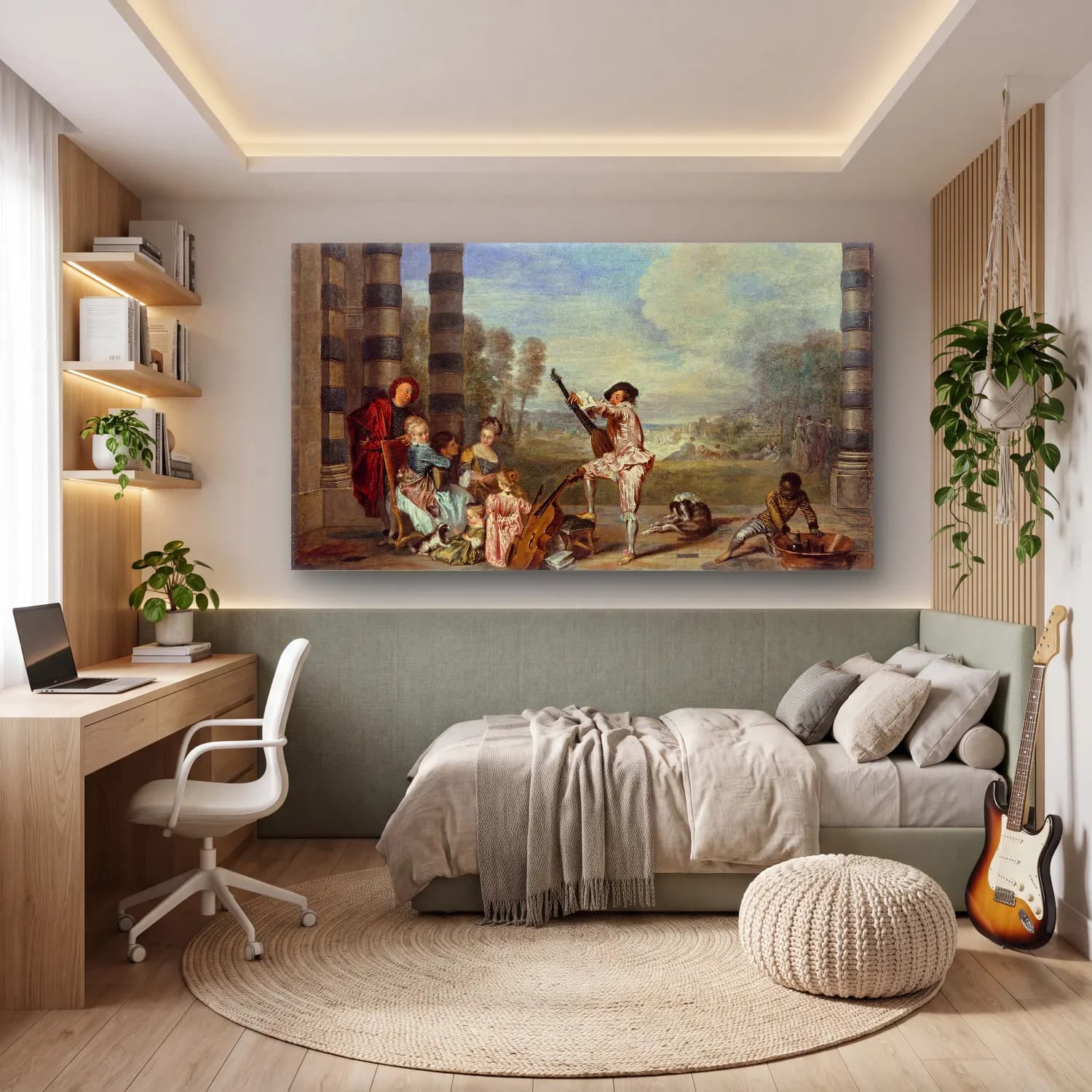 Jean-Antoine Watteau – Les Charmes de la vie (The Attractions of Life) cam tablo — genç odasında