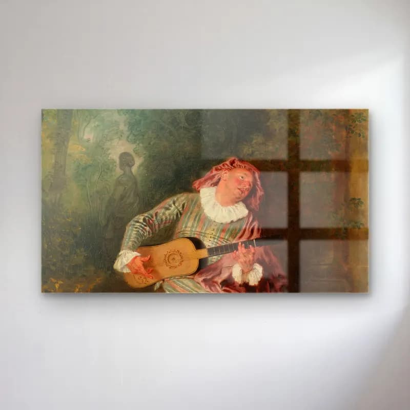 Jean-Antoine Watteau – Mezzetin (ca. 1718–20) cam tablo — Jean-Antoine Watteau – Mezzetin (ca. 1718–20) — yağlı boya gitar