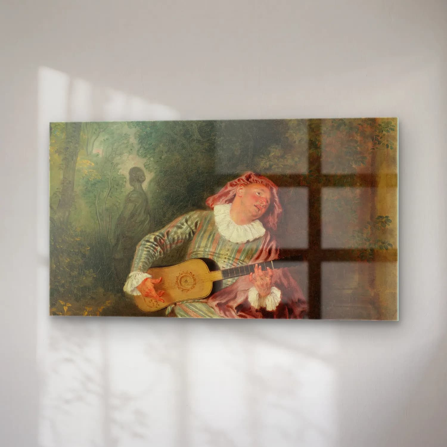 Jean-Antoine Watteau – Mezzetin (ca. 1718–20) cam tablo — sağ açıdan görünüm