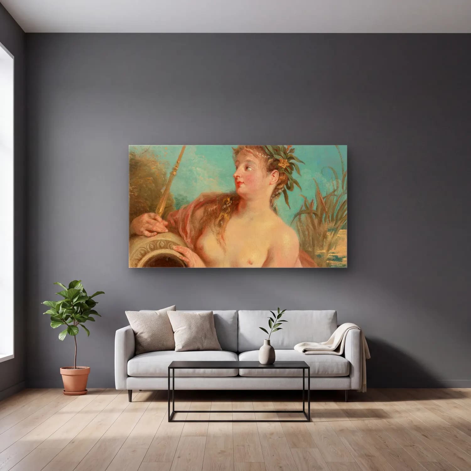 Jean-Antoine Watteau – Nymphe De Fontaine cam tablo — gri duvarlı salonda