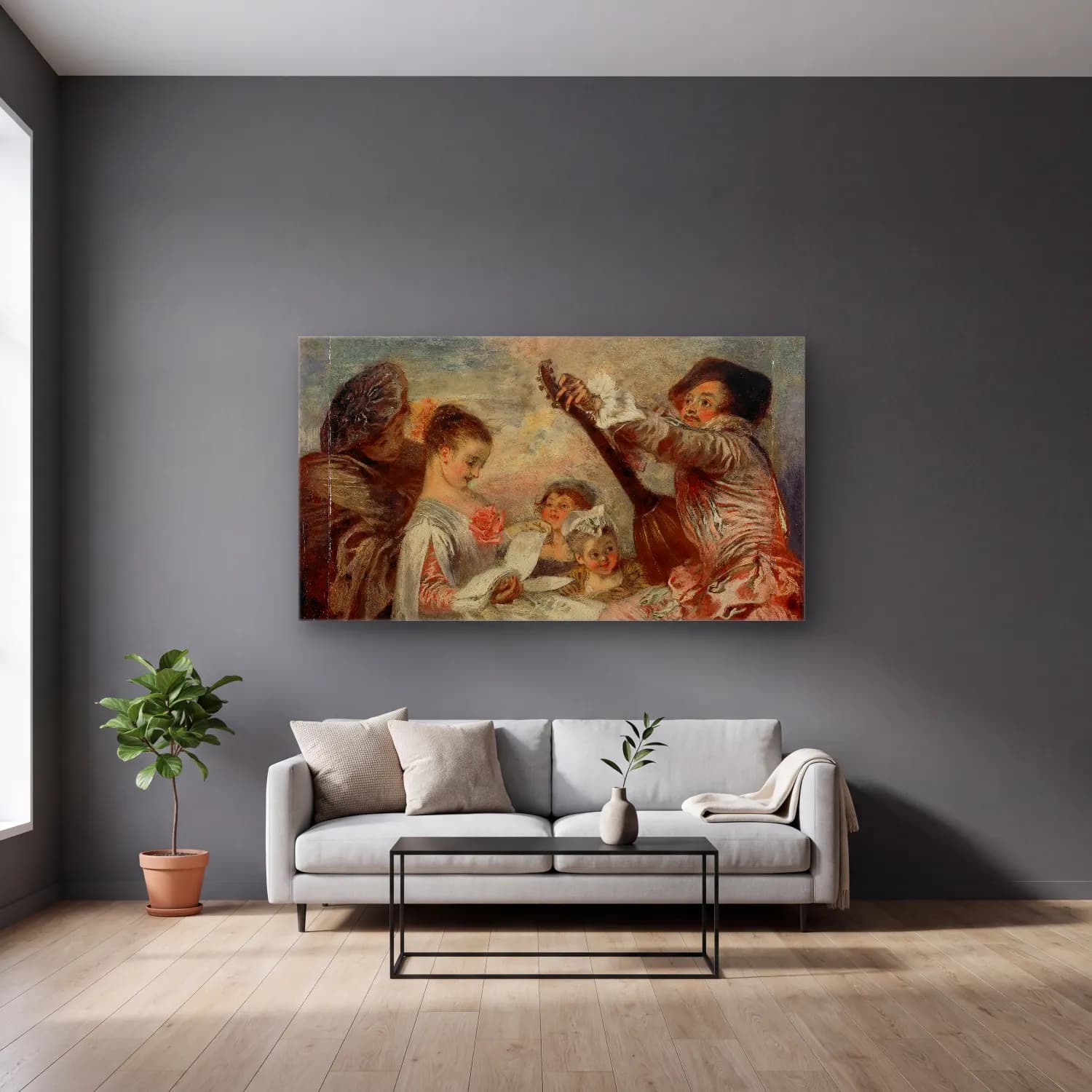 Jean-Antoine Watteau – Pour nous prouver que cette belle cam tablo — gri duvarlı salonda