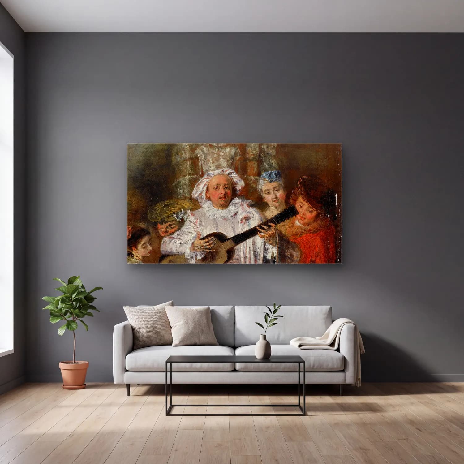 Jean-Antoine Watteau – Sous un habit de Mezetin cam tablo — gri duvarlı salonda