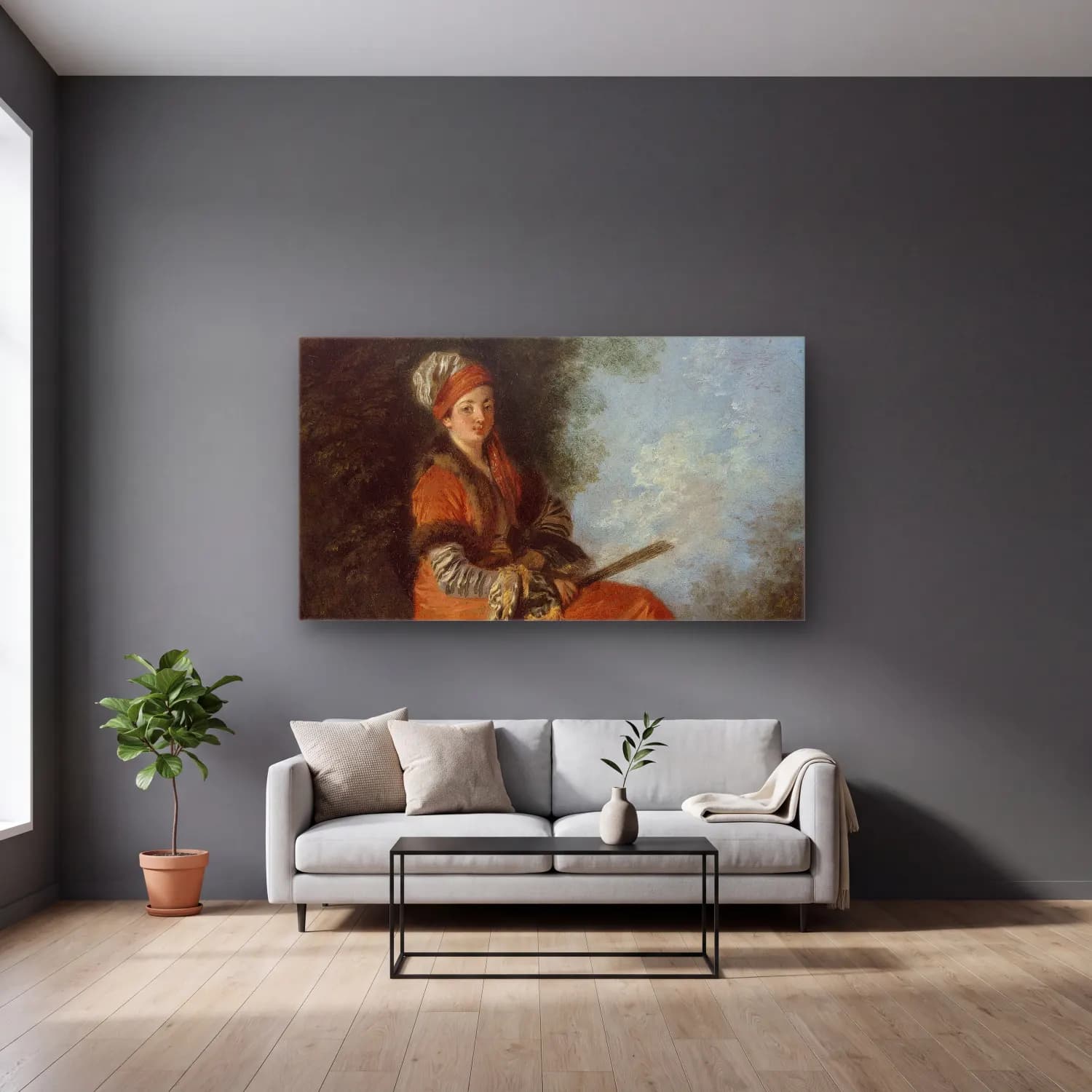 Jean-Antoine Watteau – The Dreamer (La Rêveuse) cam tablo — gri duvarlı salonda