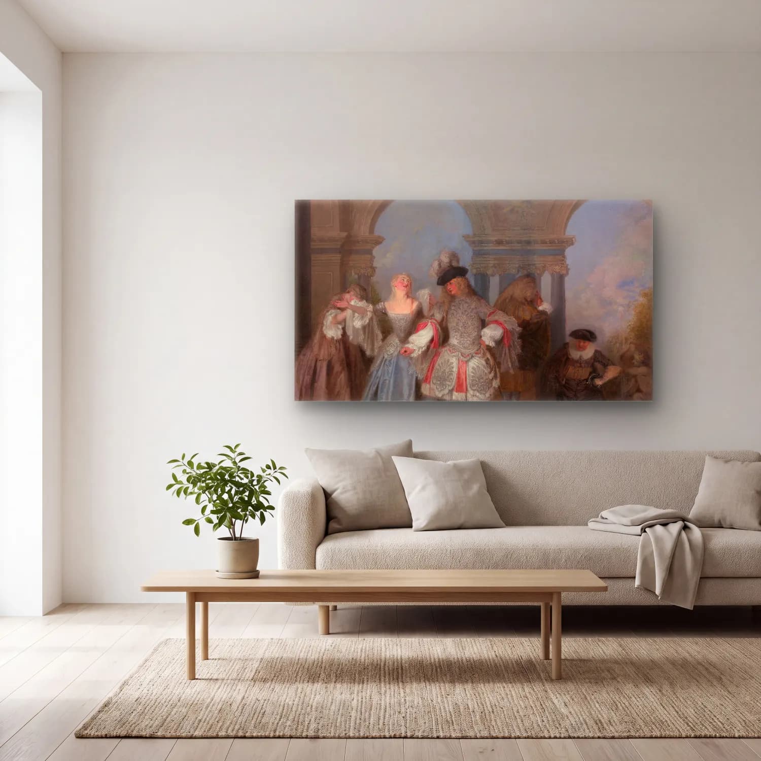Jean-Antoine Watteau – The French Comedians (ca. 1720) cam tablo — açık renk salonda