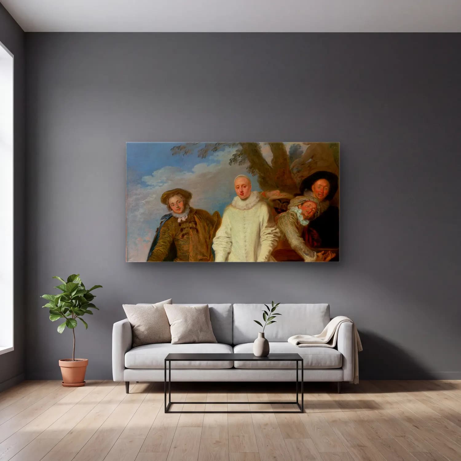 Jean-Antoine Watteau – The Italian Comedians (about 1720) cam tablo — gri duvarlı salonda