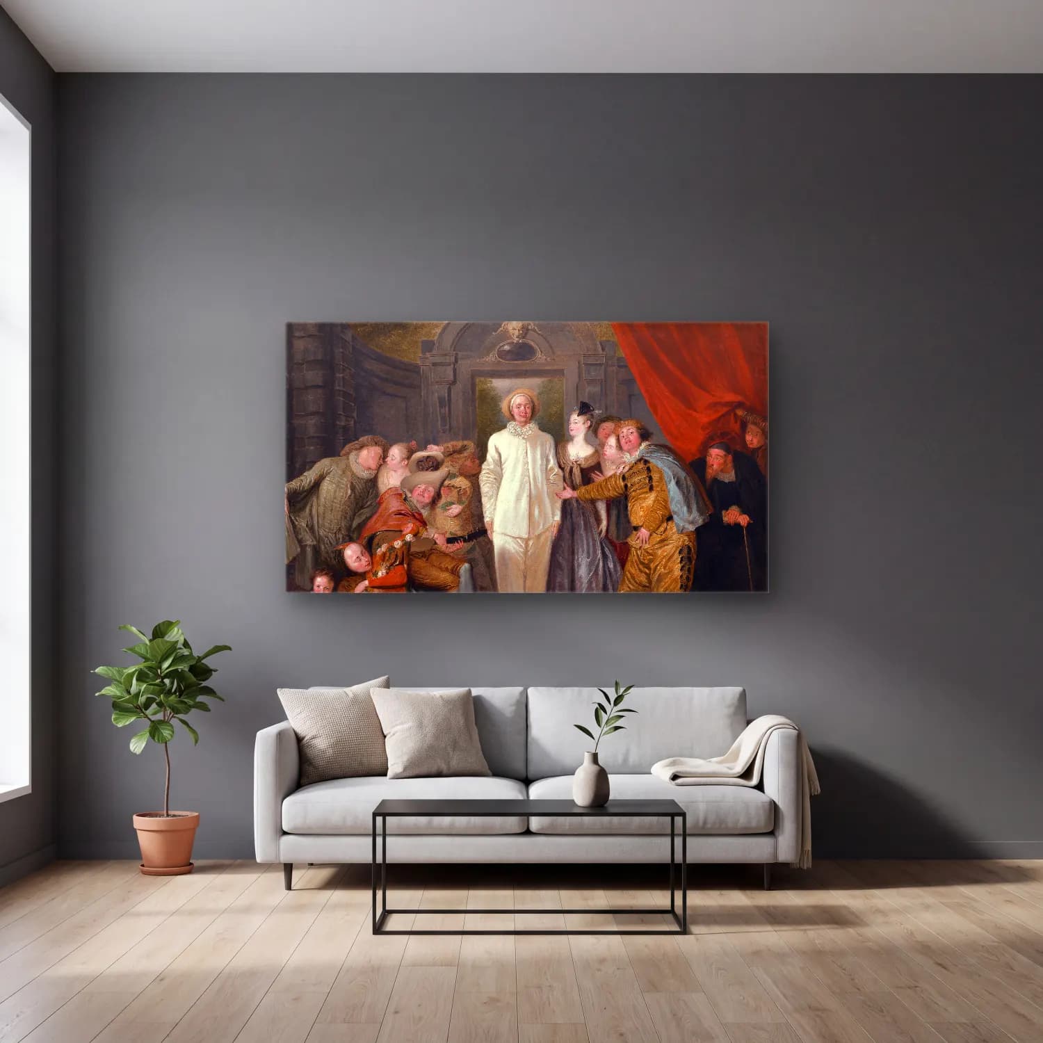 Jean-Antoine Watteau – The Italian Comedians (probably 1720) cam tablo — gri duvarlı salonda