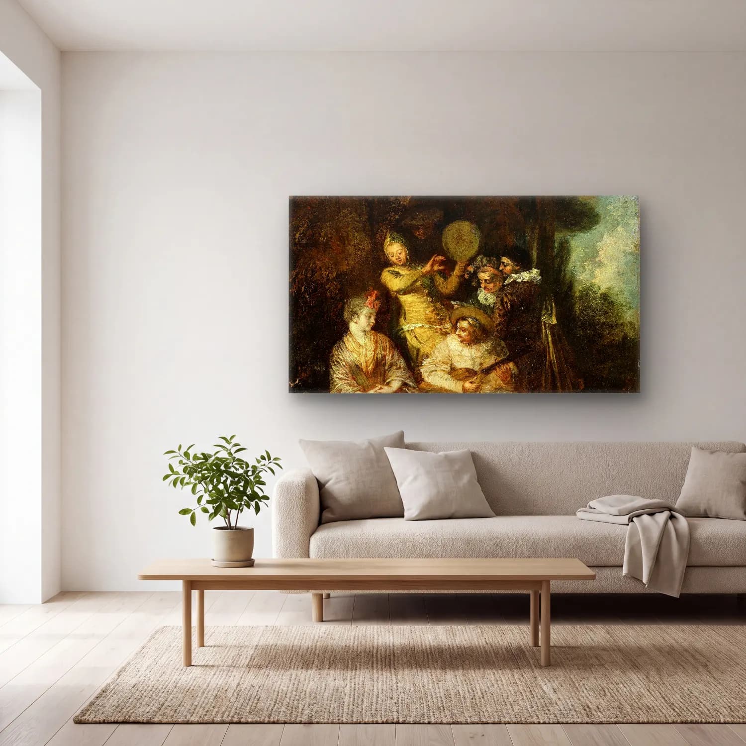 Jean-Antoine Watteau – The Italian Serenade cam tablo — açık renk salonda