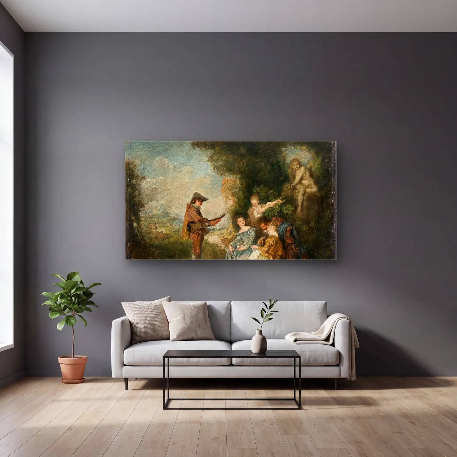 Jean-Antoine Watteau – The Love Lesson cam tablo — gri duvarlı salonda