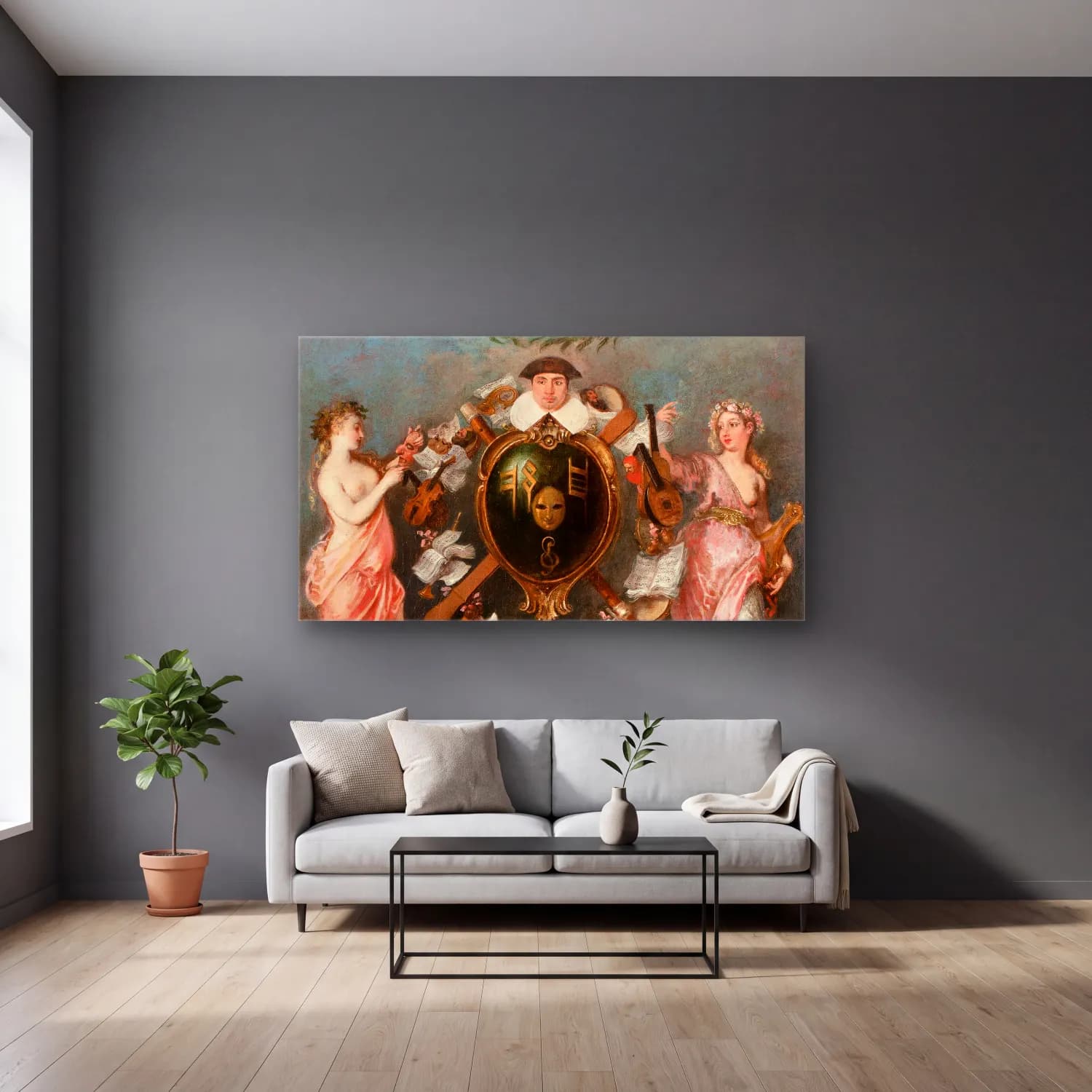 Jean-Antoine Watteau – The Union of Music and Comedy cam tablo — gri duvarlı salonda