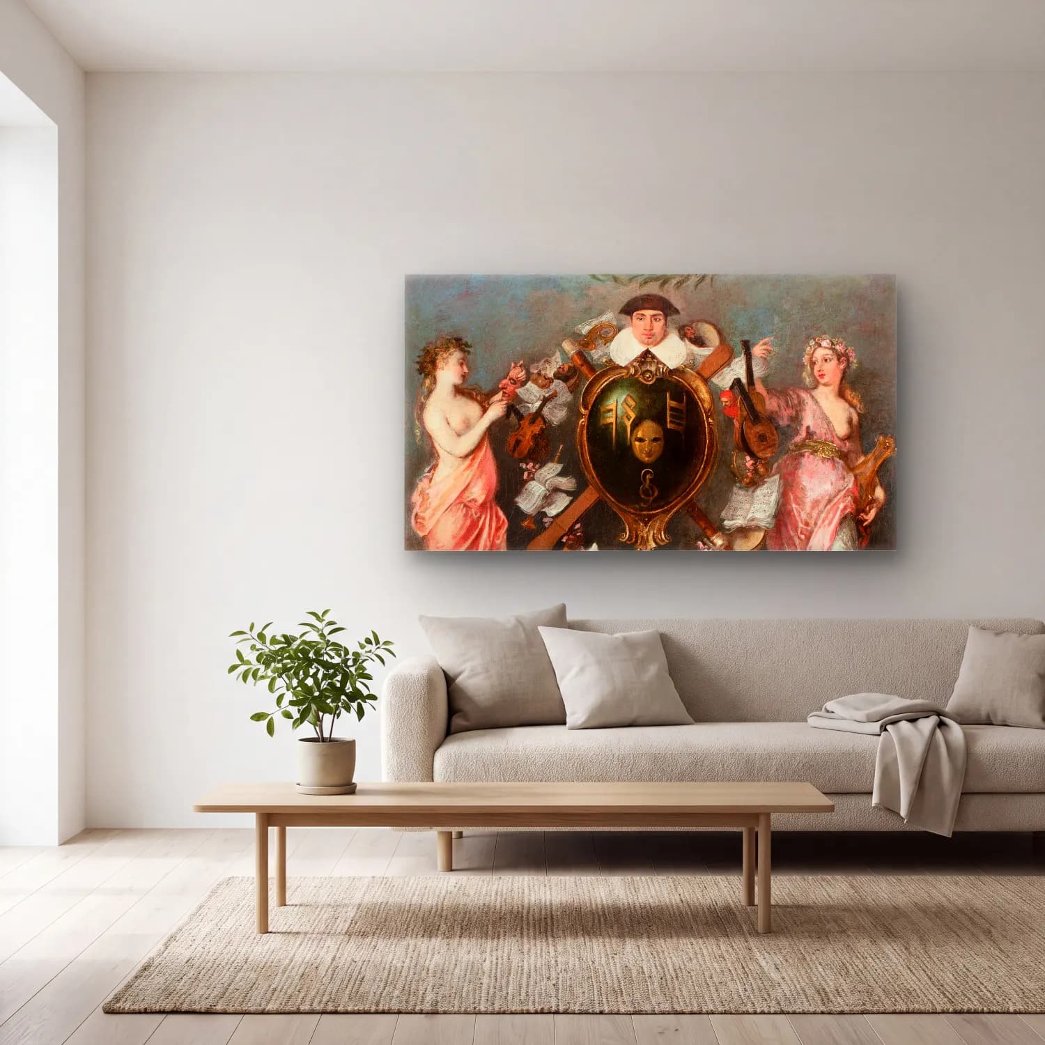 Jean-Antoine Watteau – The Union of Music and Comedy cam tablo — açık renk salonda