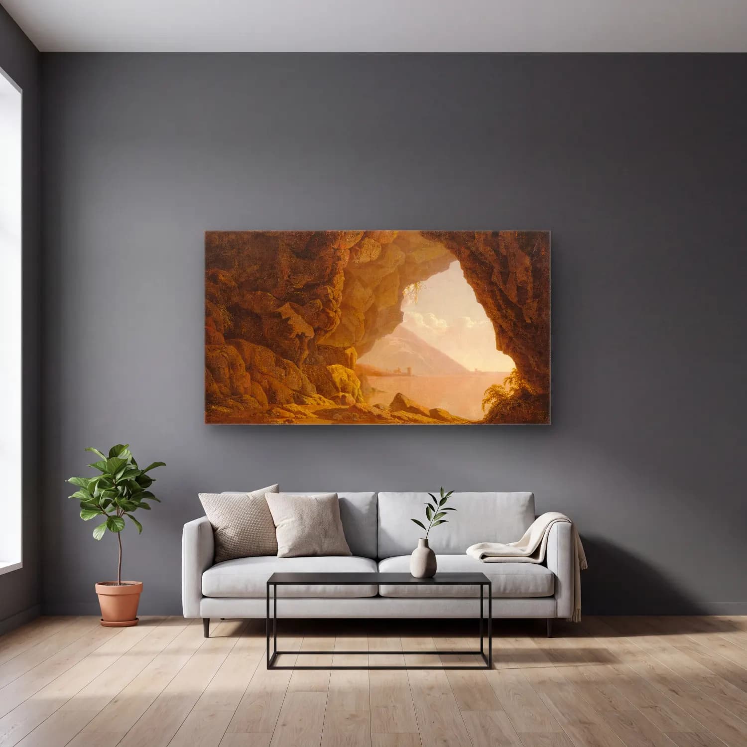 Joseph Wright – Cavern, near Naples cam tablo — gri duvarlı salonda